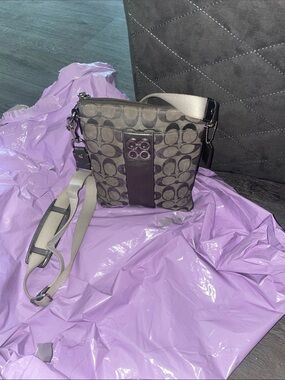 Coach Canvas Crossbody in Gray Metallic Signature C’s w/Leather Trim